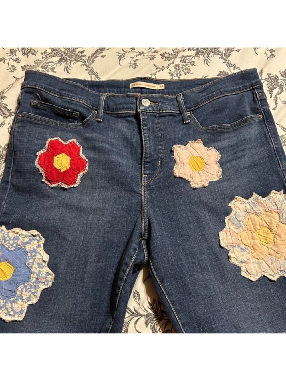 Levi’s 311 Shaping Shorts with vintage grandmas flower garden quilt. 34